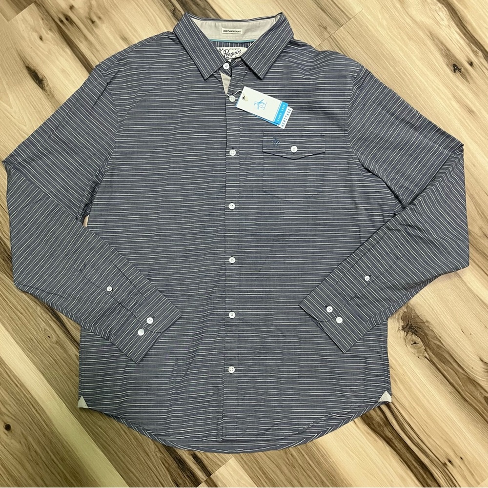 NWT Men’s Original Penguin by Munsingwear Blue & White Button Down Shirt Size XL